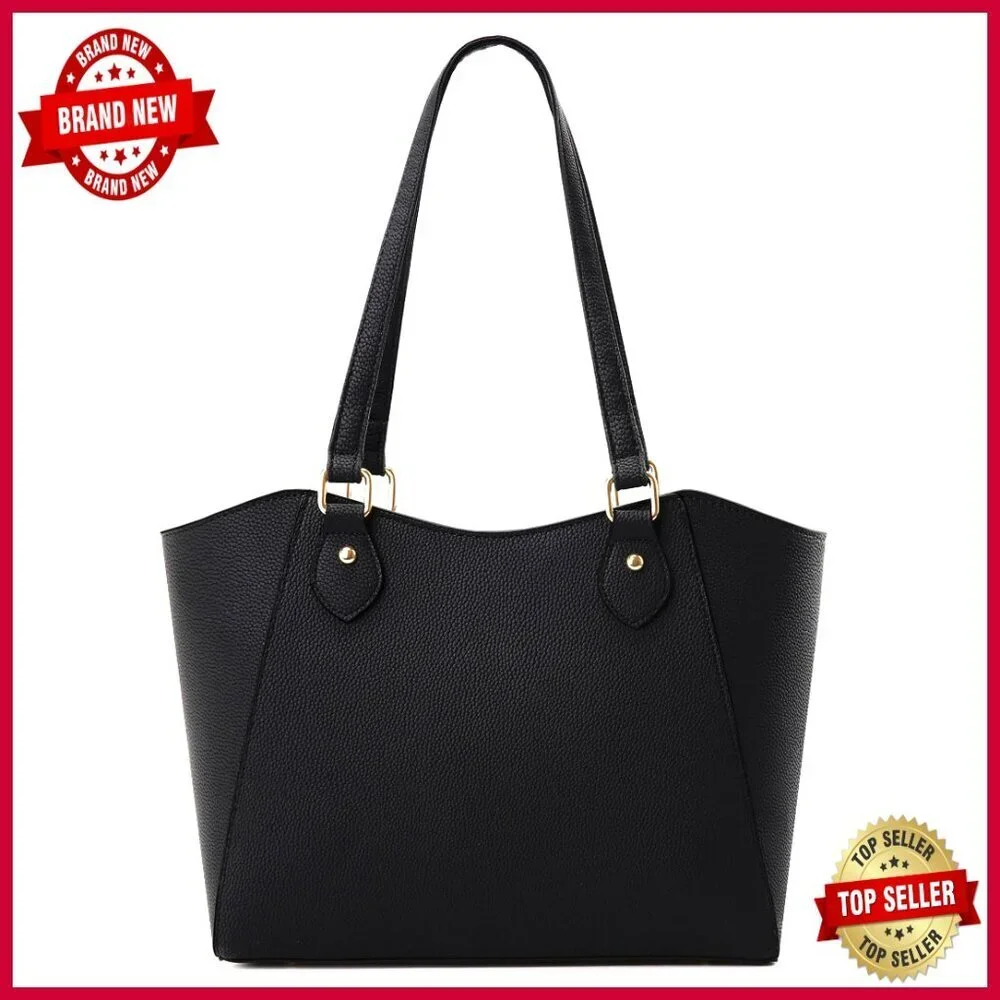 Large Vegan Leather Tote Shoulder Bag with Multi-Pocket Design for Work Travel